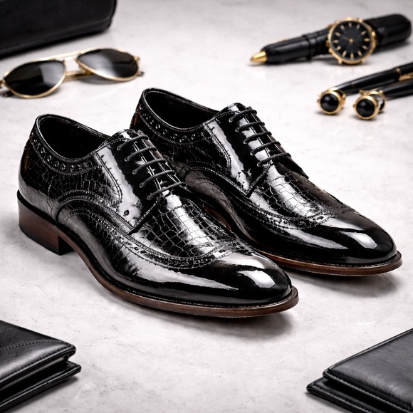 Stacy Adams Dayton Wingtip Oxford Black Patent Croc Embossed Size 11 - Picture 2 of 6